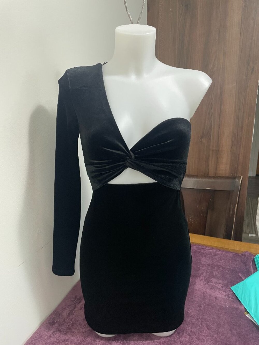 Velvet One-Shoulder Twist Cutout Mini Dress- Dynamite Size XXS
